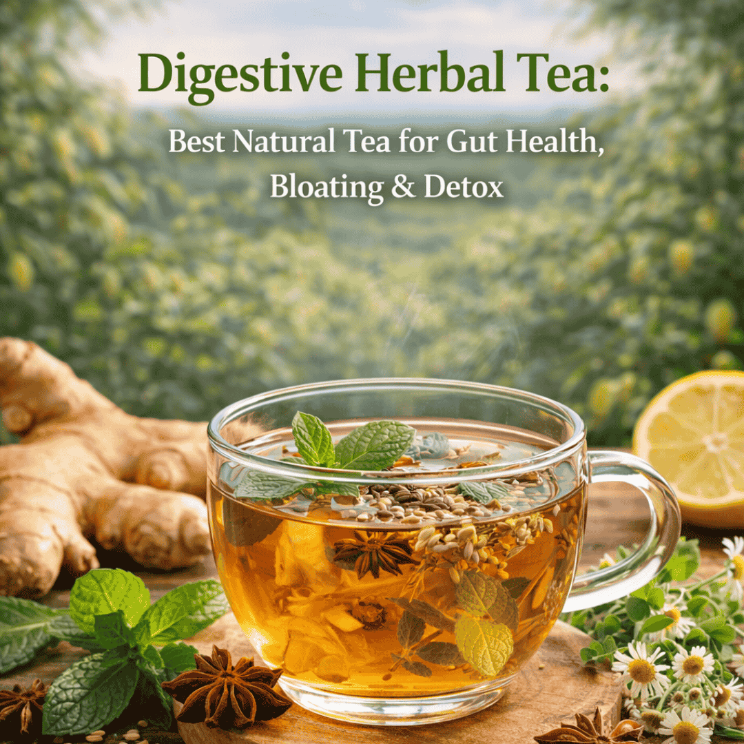 Digestive herbal tea with natural ingredients like ginger peppermint and fennel for gut health